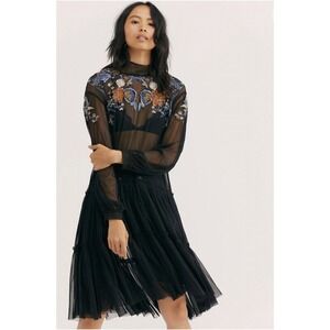 Free People Sheer Delight Floral Maxi Long Top Black Embroidered Mesh Size S